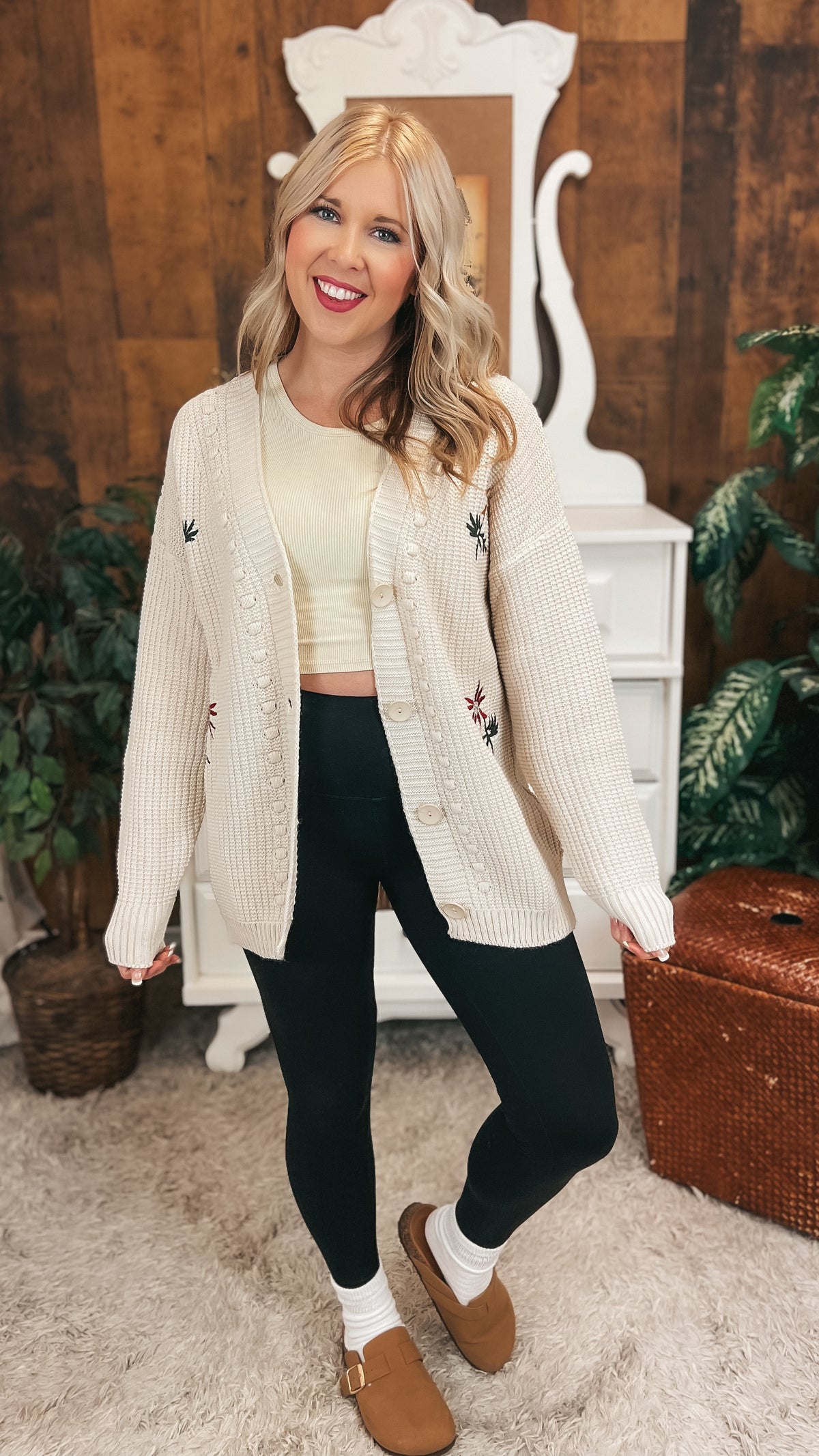 Crystal Floral Knit Cardigan | Beige | One Size