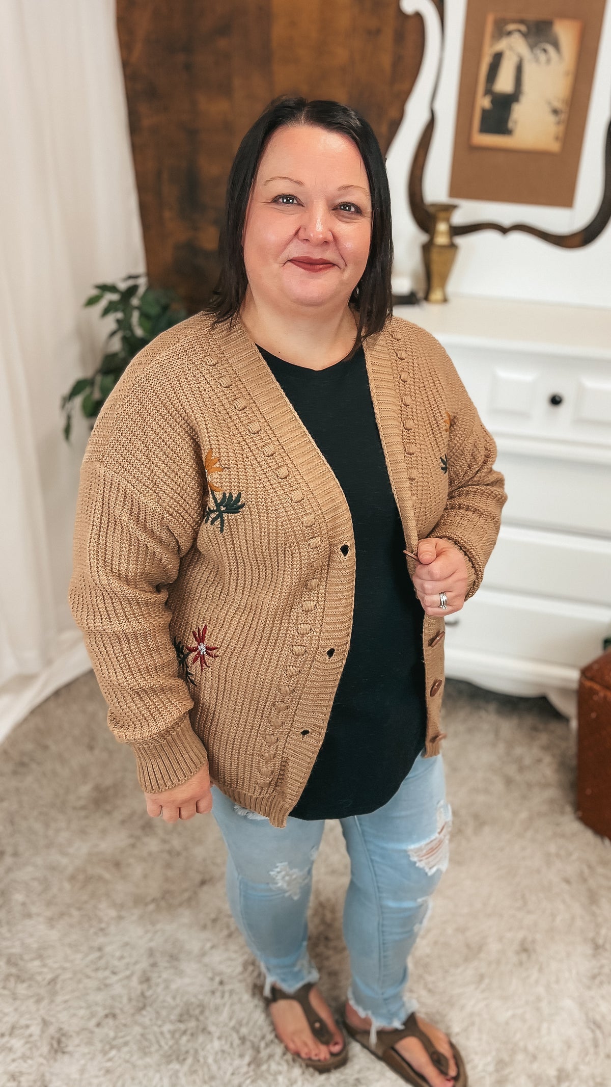 Crystal Floral Knit Cardigan |Mocha | One Size