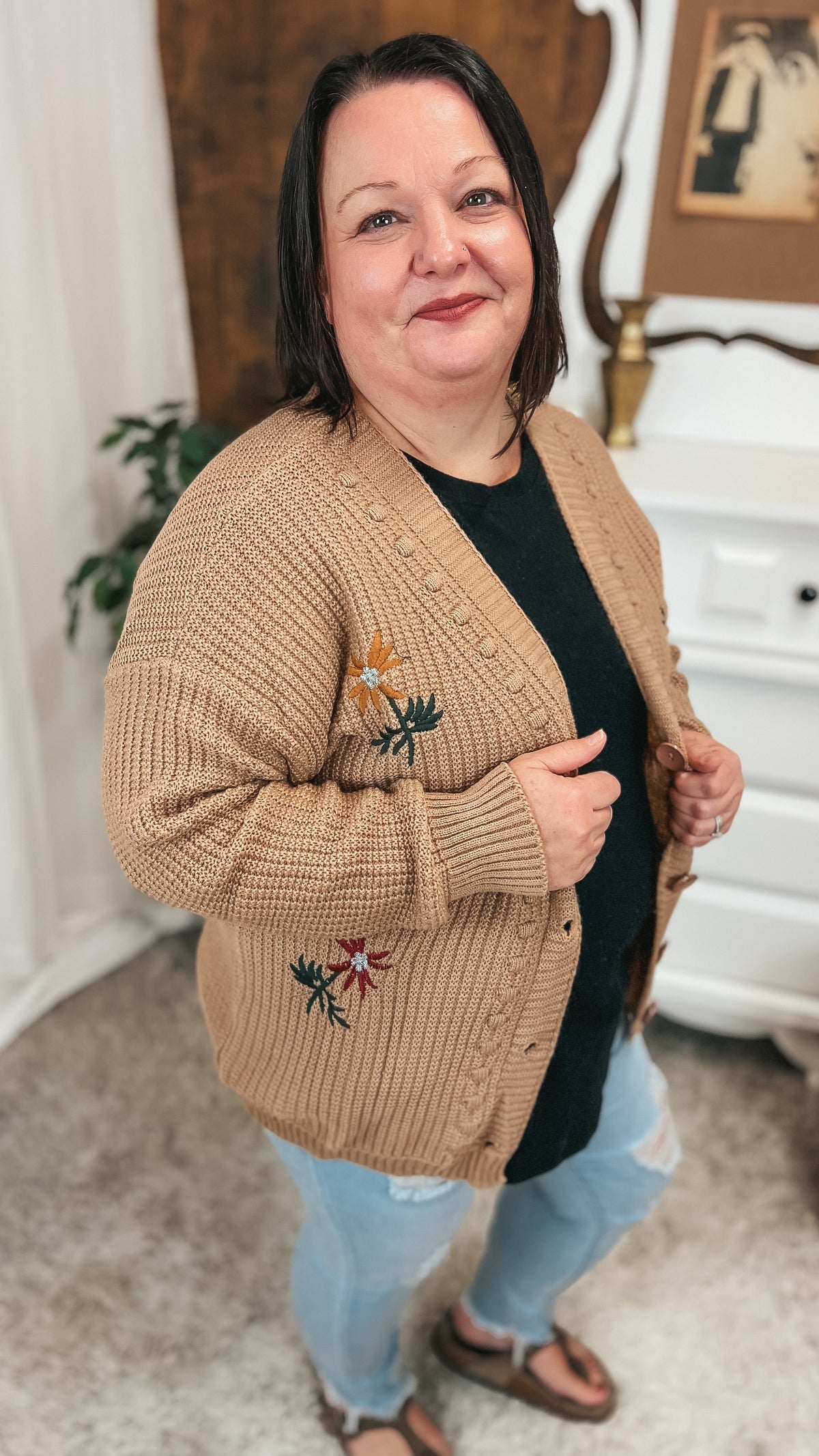 Crystal Floral Knit Cardigan |Mocha | One Size