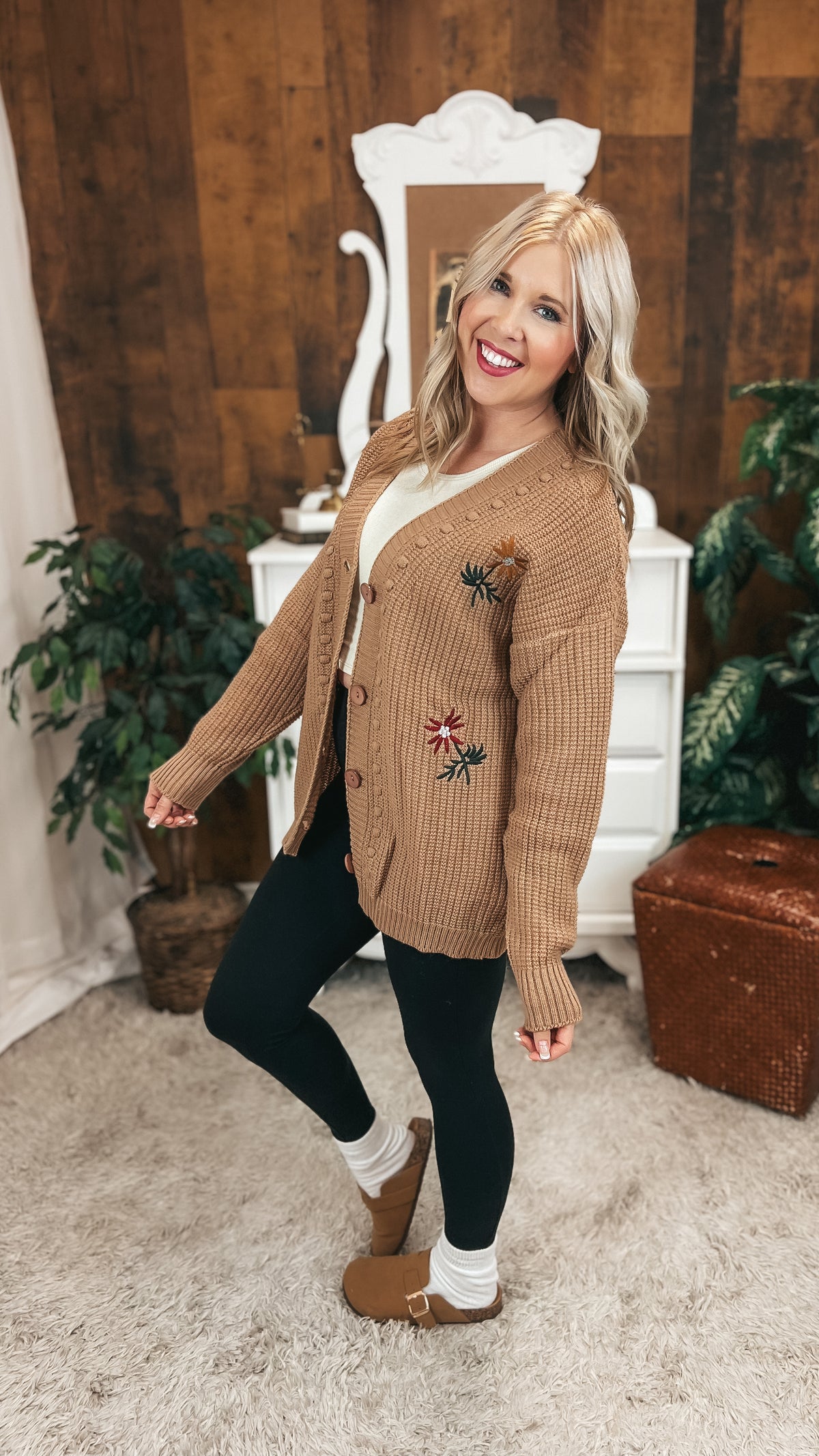 Crystal Floral Knit Cardigan |Mocha | One Size