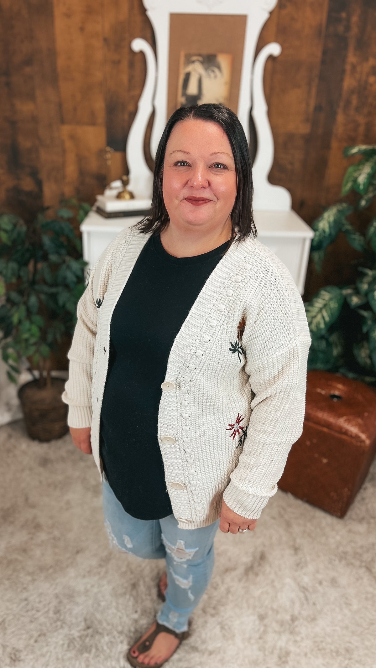 Crystal Floral Knit Cardigan | Beige | One Size