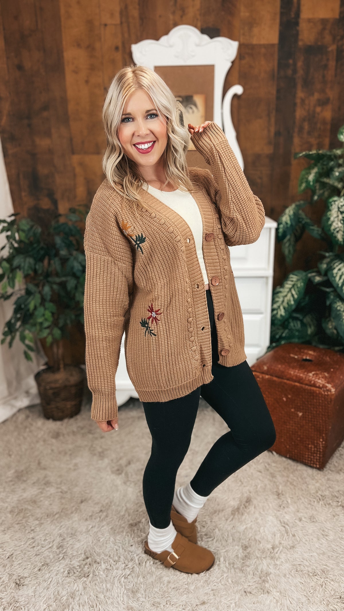Crystal Floral Knit Cardigan |Mocha | One Size