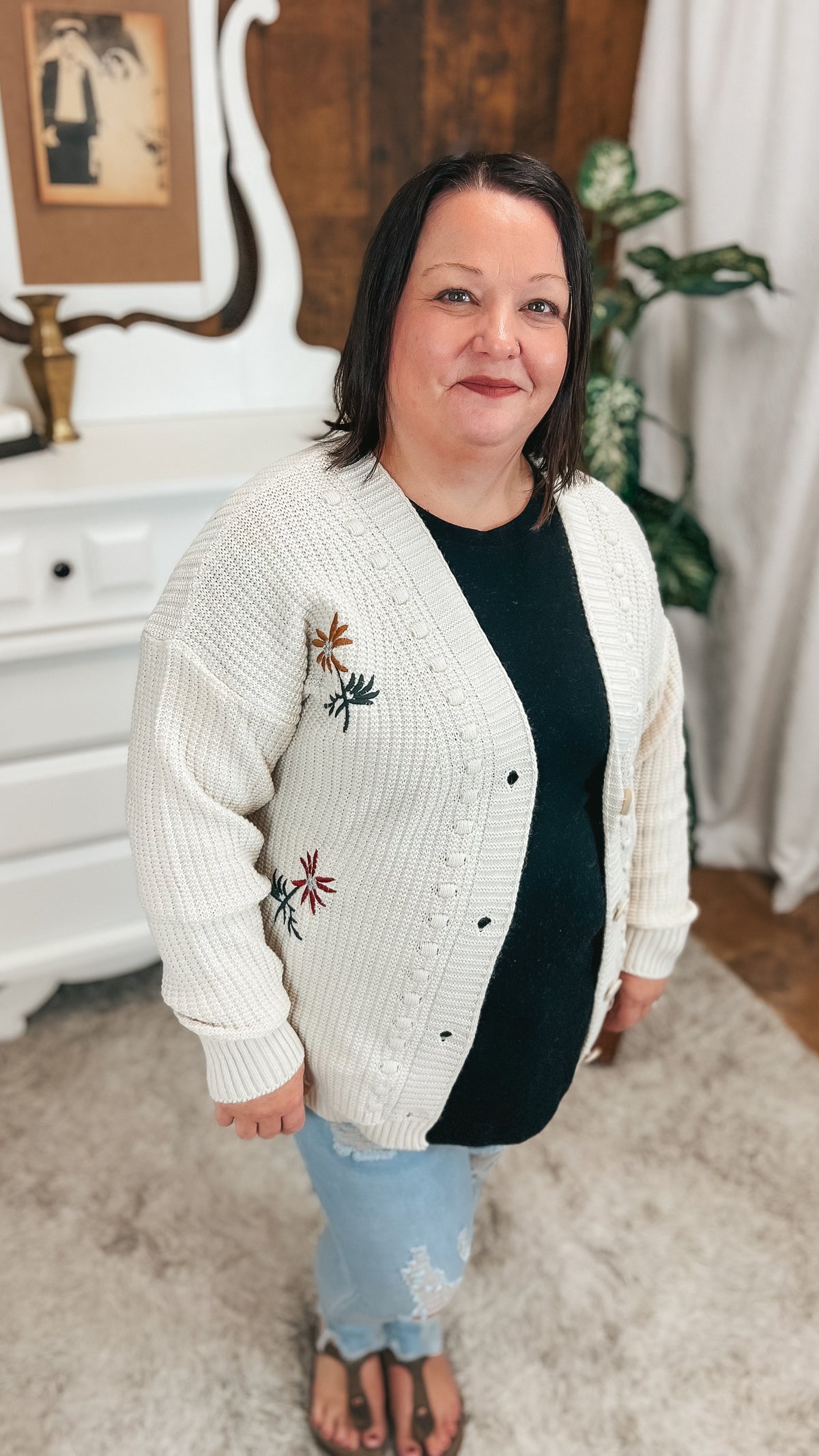 Crystal Floral Knit Cardigan | Beige | One Size