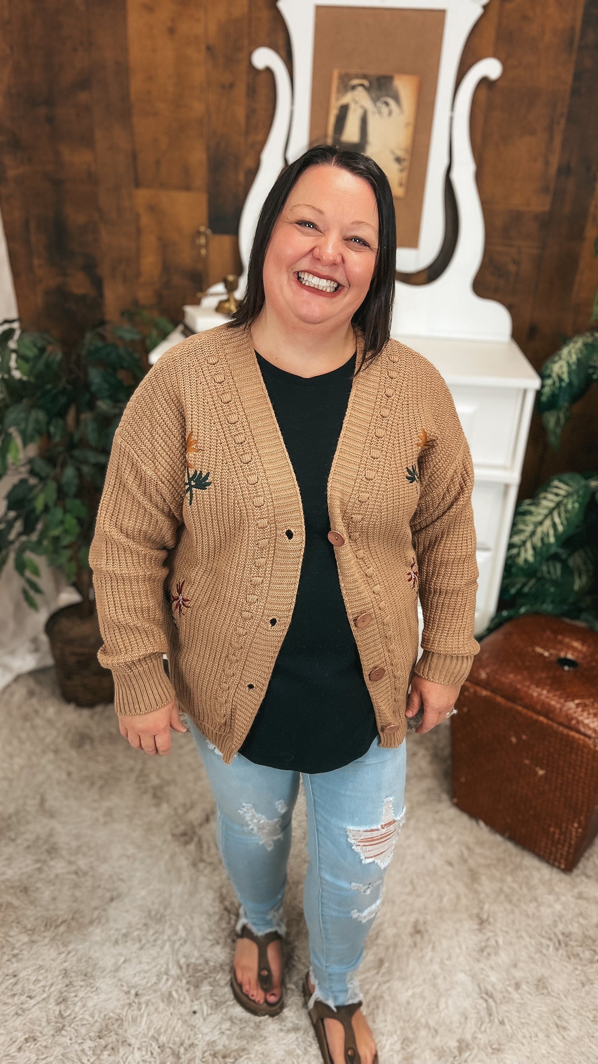 Crystal Floral Knit Cardigan |Mocha | One Size