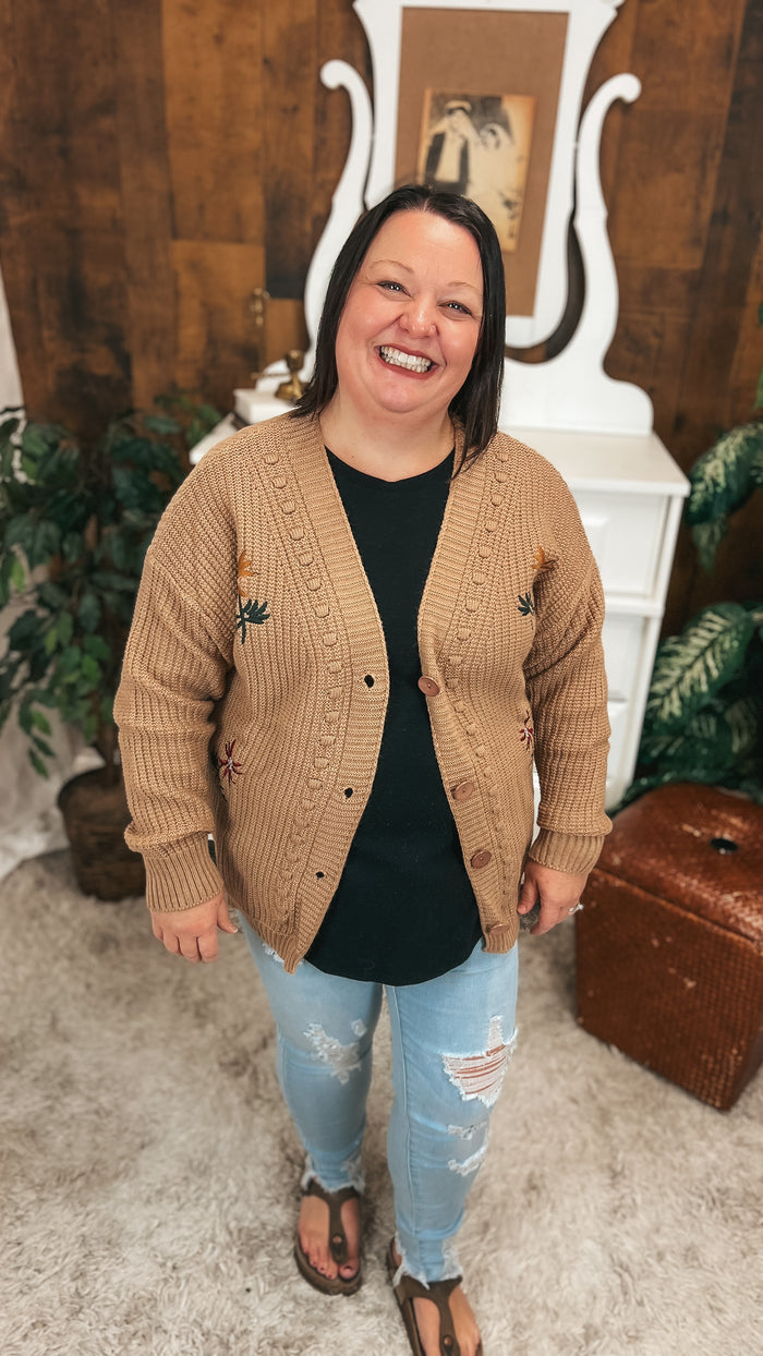 Crystal Floral Knit Cardigan |Mocha | One Size