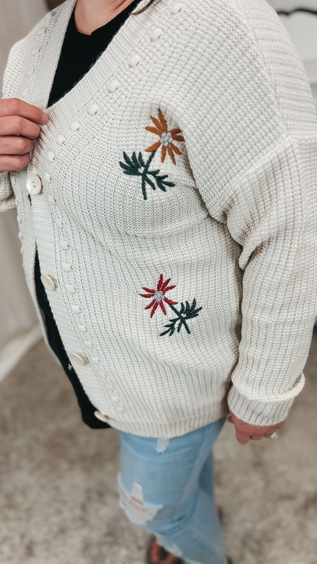 Crystal Floral Knit Cardigan | Beige | One Size