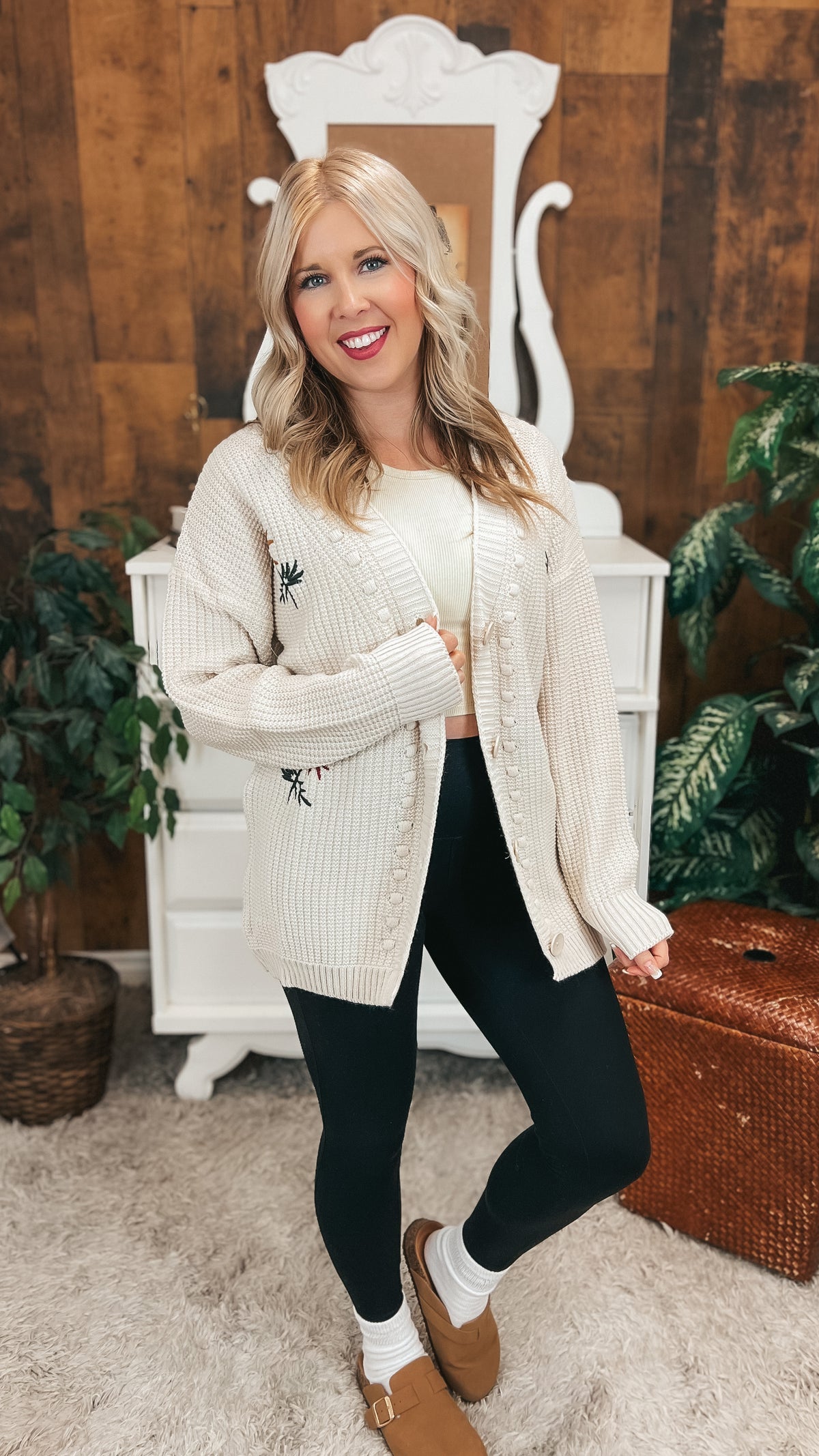 Crystal Floral Knit Cardigan | Beige | One Size