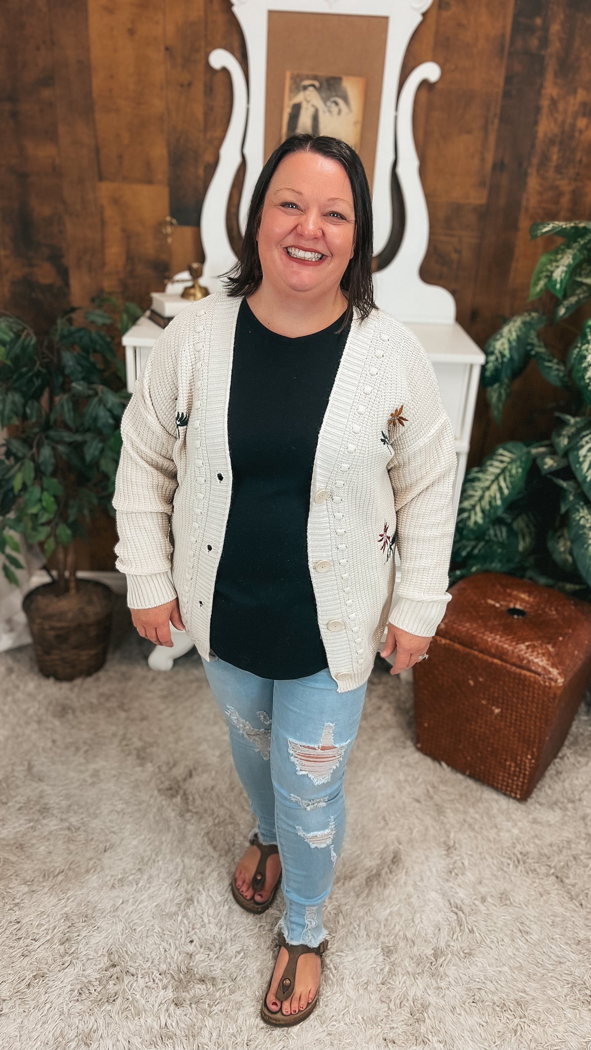 Crystal Floral Knit Cardigan | Beige | One Size