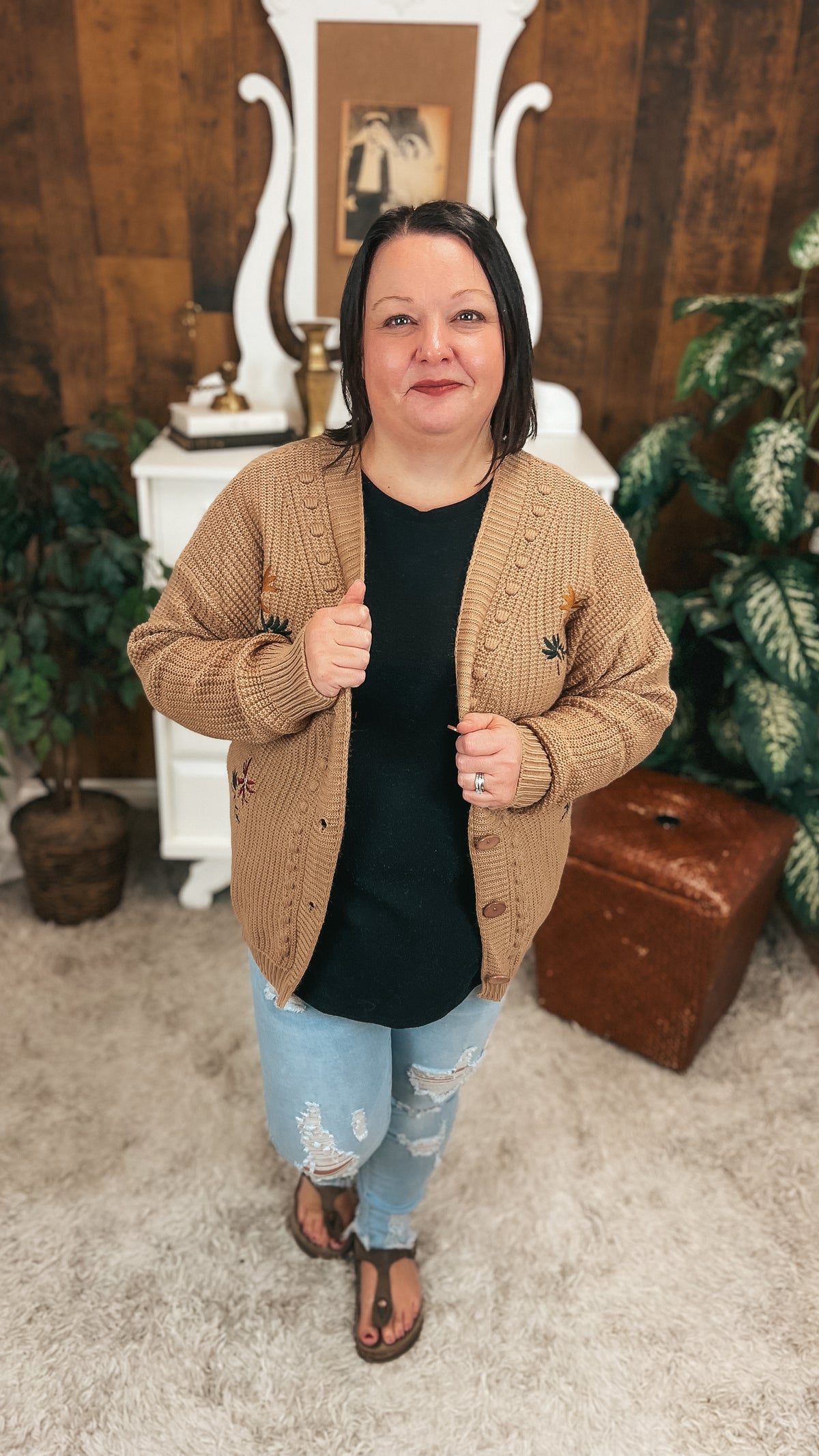 Crystal Floral Knit Cardigan |Mocha | One Size