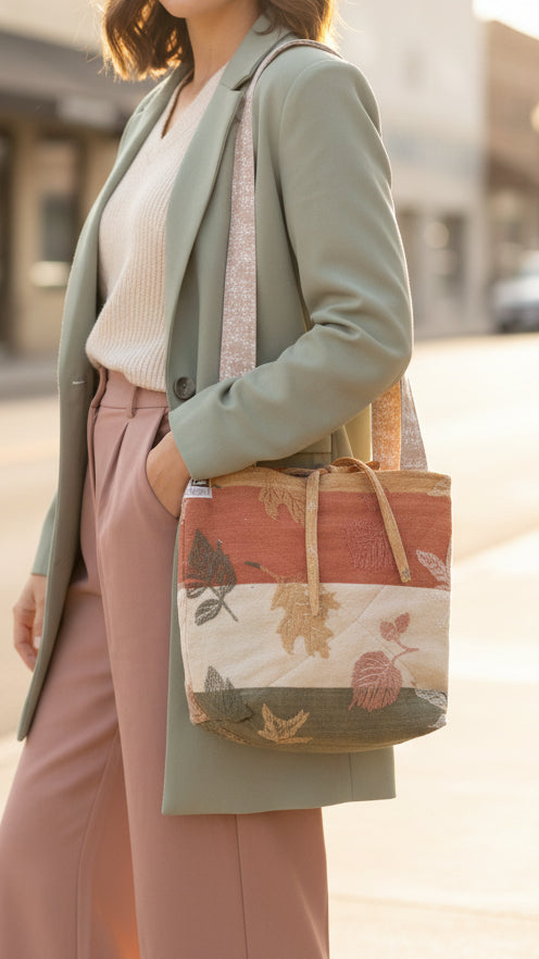 A handmade patchwork fabric tote bag with autumn leaf patterns in terracotta, beige, and sage green