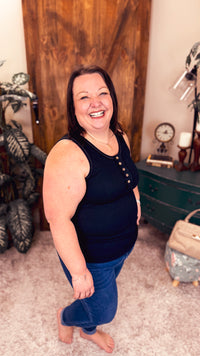 Anabel Ribbed Henley Tank | Black