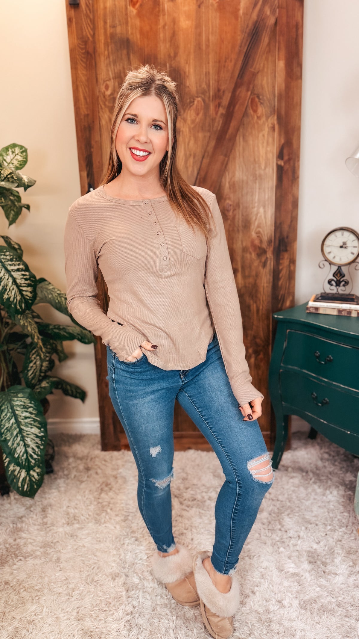 Colleen Ribbed Henley Long Sleeve | Taupe