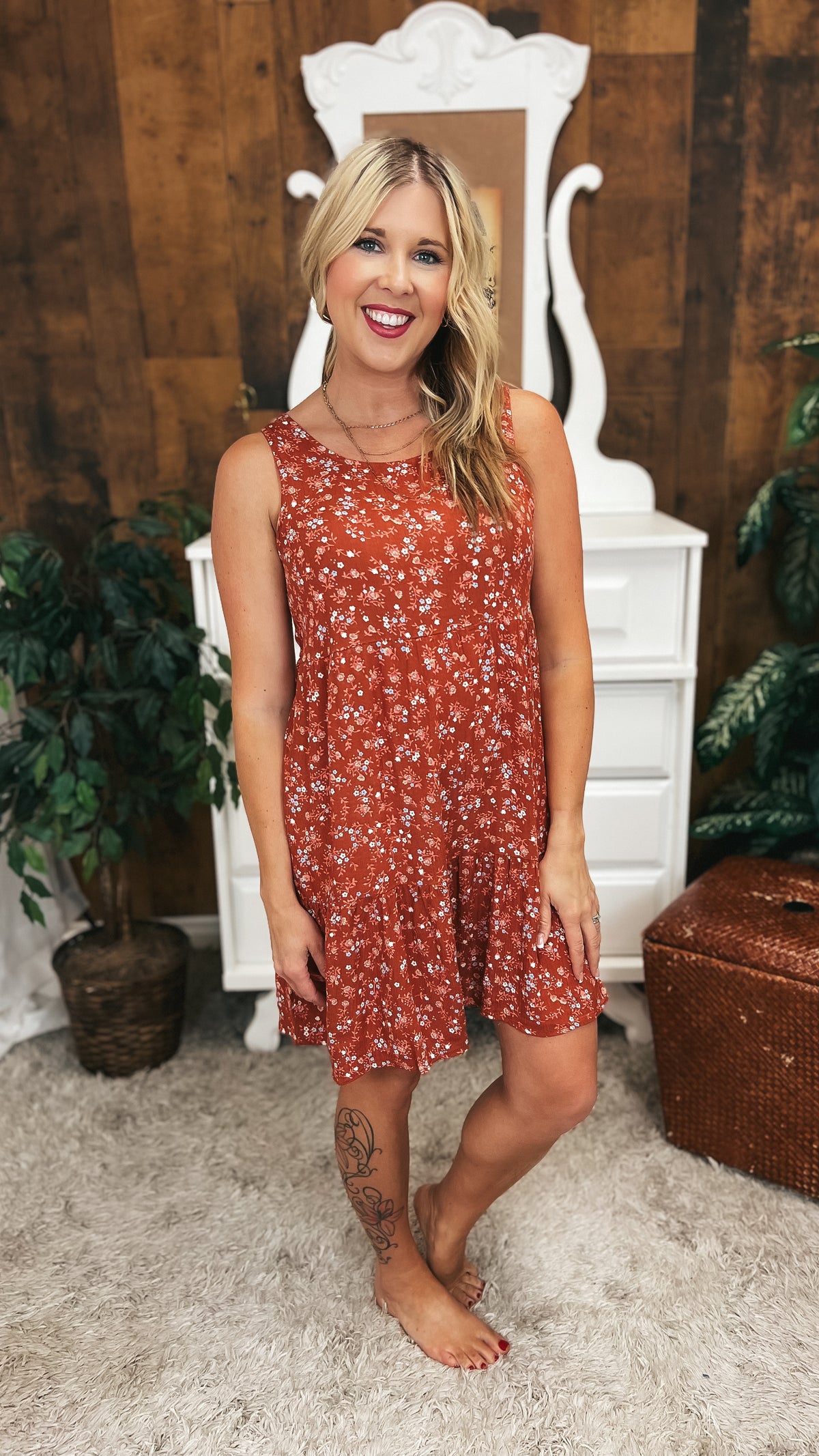 Claire Floral Dress: Rust