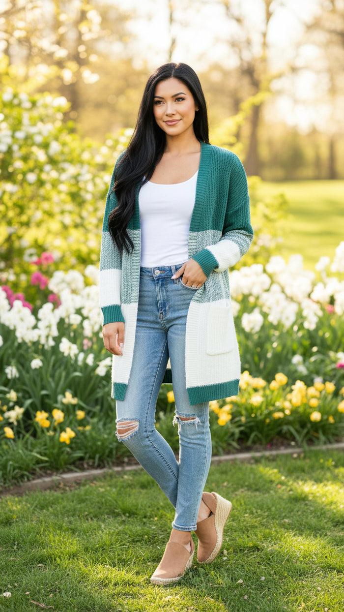 Helen Knit Cardigan | Green & Ivory