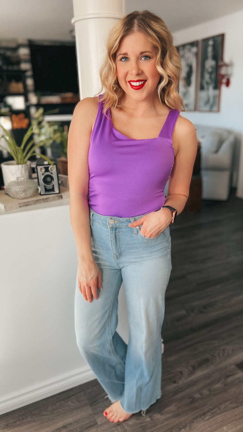 Purple double lined tank top with asymmetrical neckline
