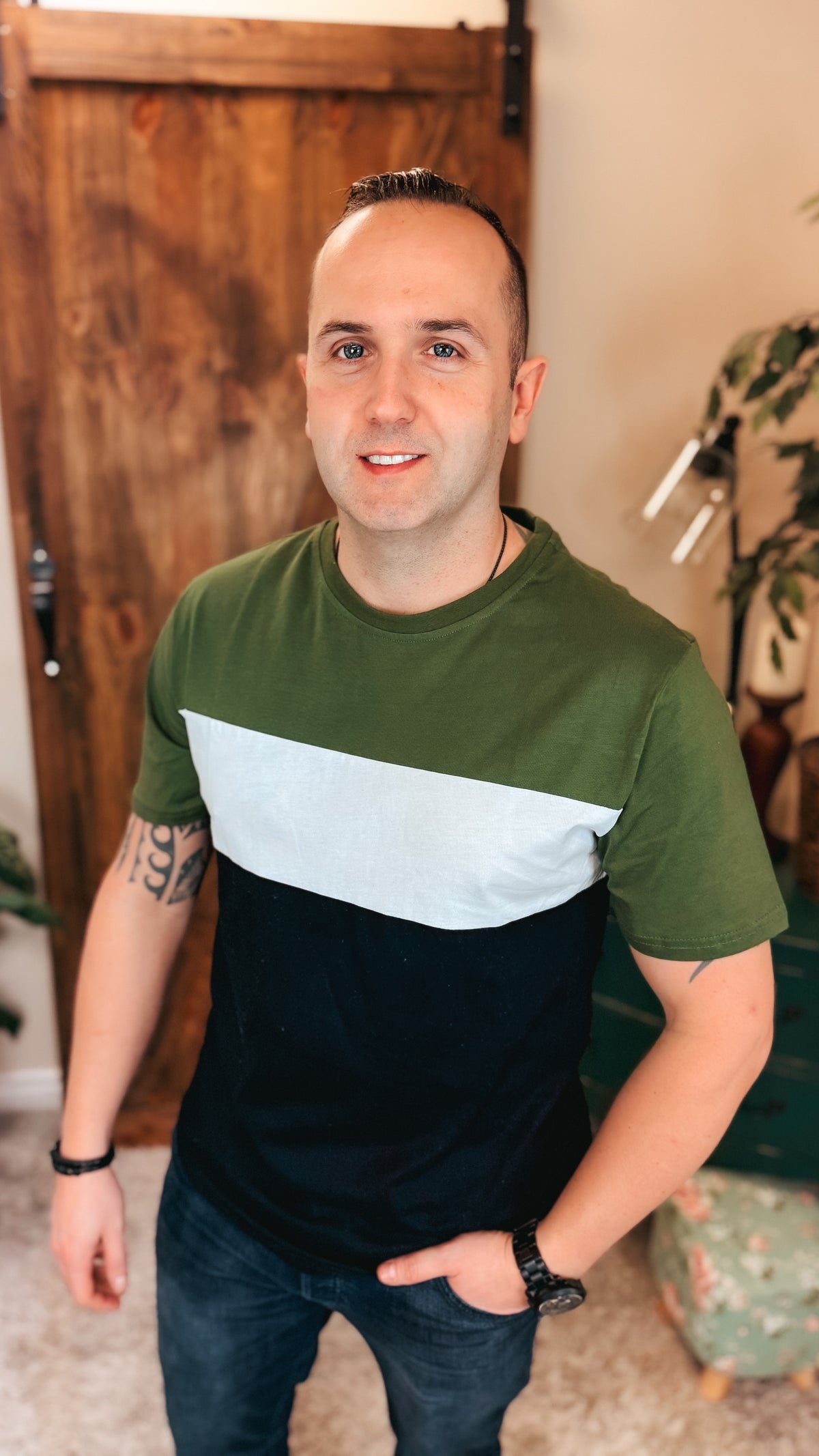 Peter Color Block Tee: Olive & Black
