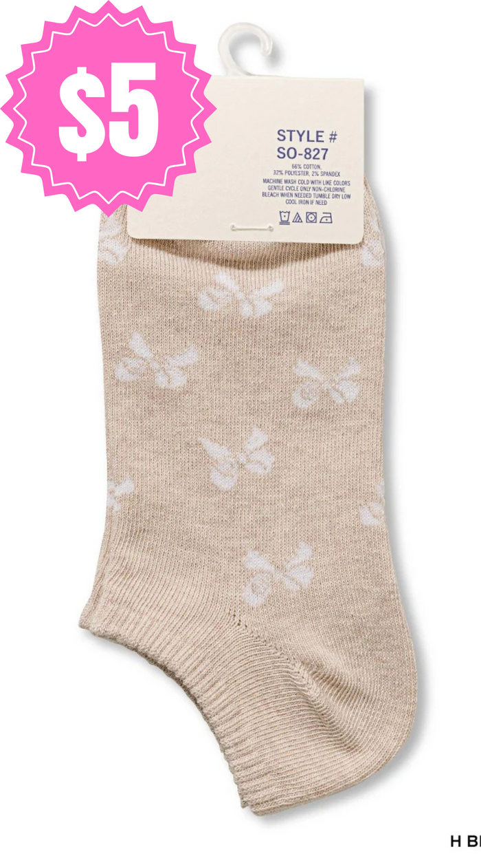 Bow Printed Ankle Socks: Beige