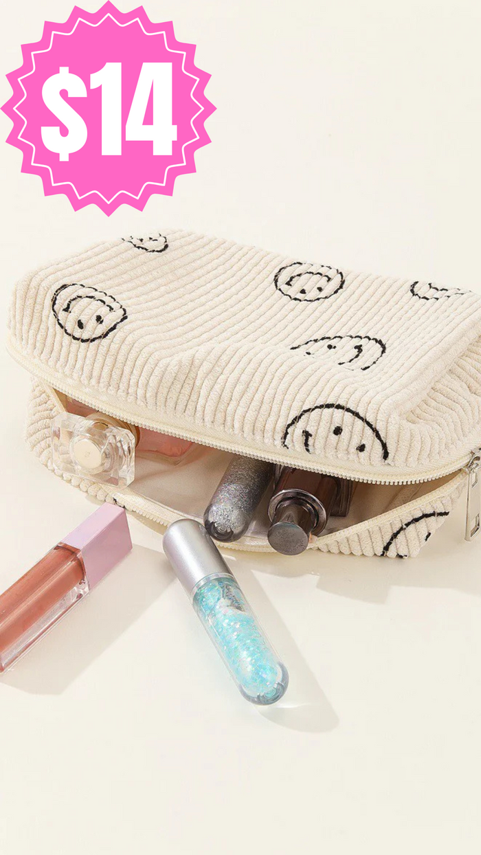 Smiley Face Corduroy Pouch: Ivory