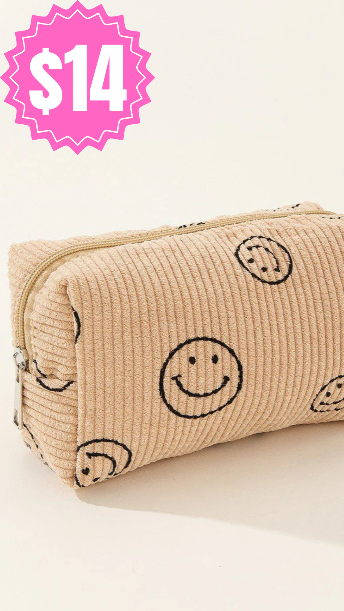 Smiley Face Corduroy Pouch: Beige