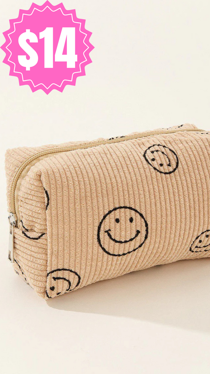 Smiley Face Corduroy Pouch: Beige