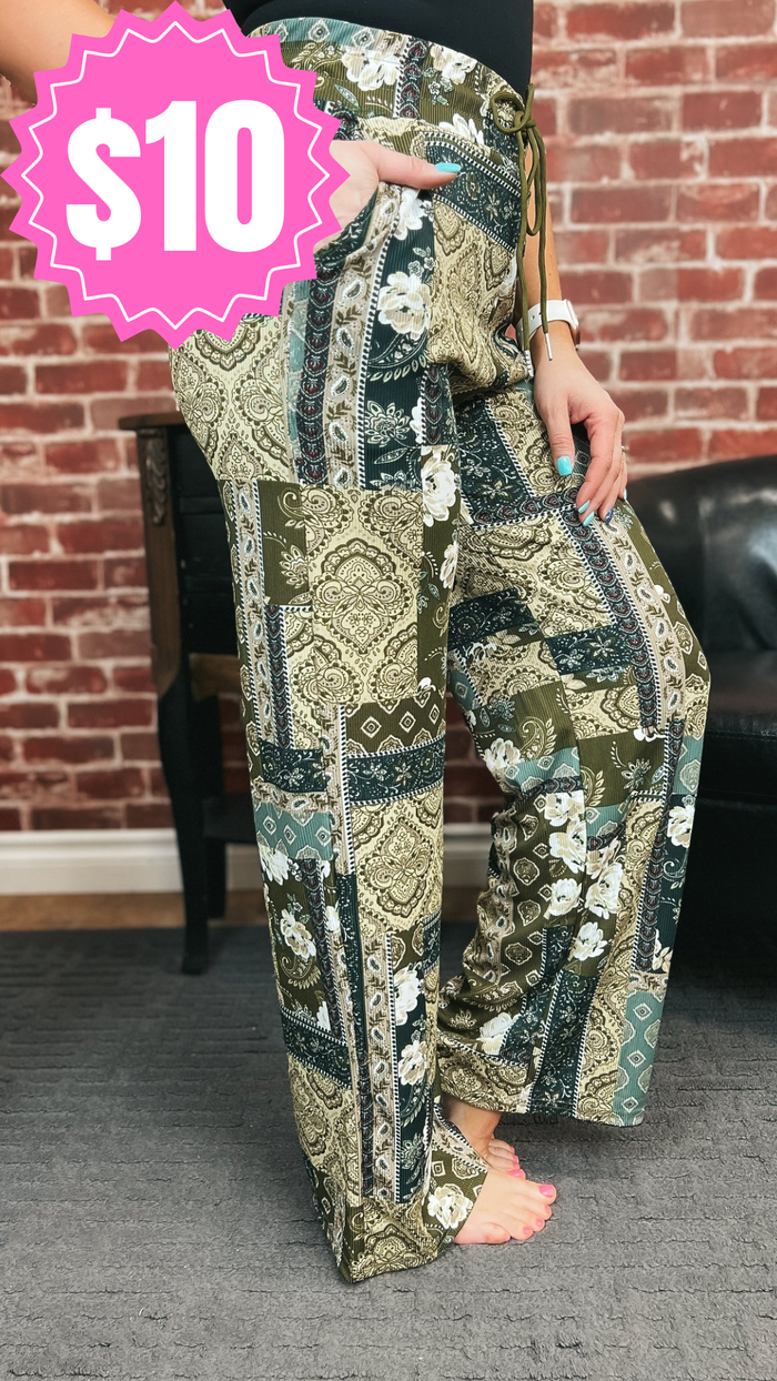 Penny Ribbed Printed Pants: Green *SALE*