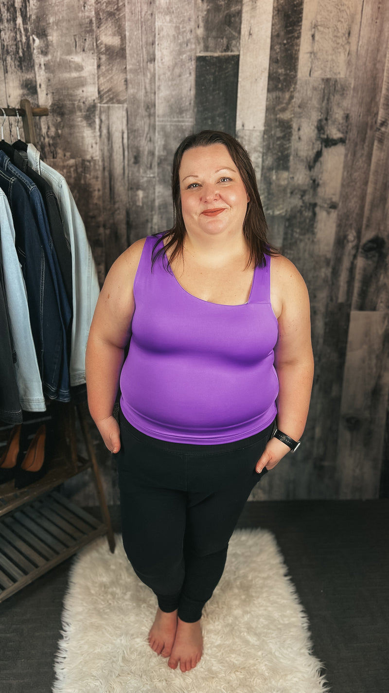 Purple double lined tank top with asymmetrical neckline