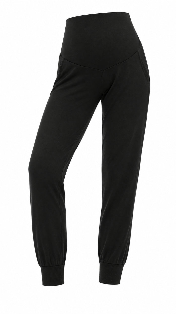 Black maternity high-waisted jogger pants with elastic cuffs