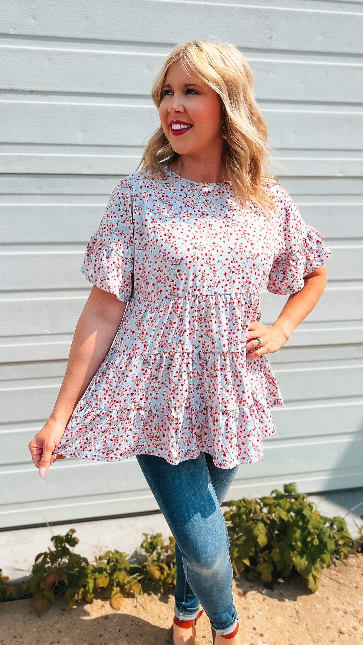 Kimberly Floral Babydoll Top: Blue