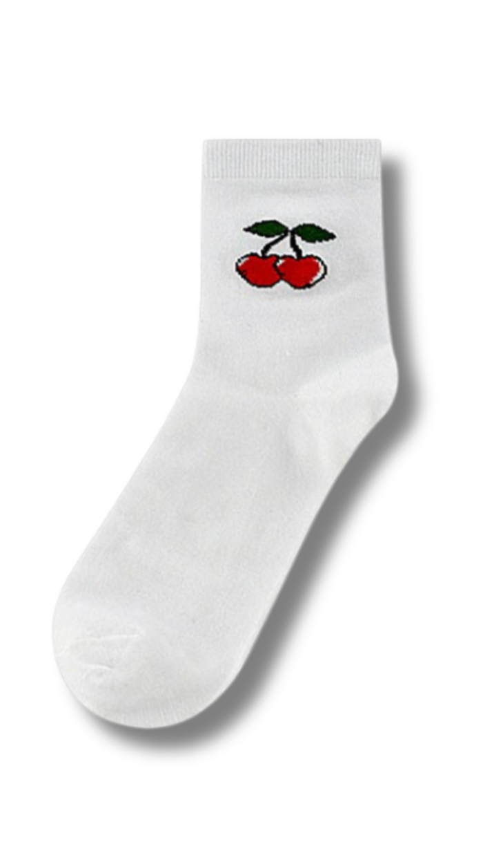 White sock with cherry design on a white background