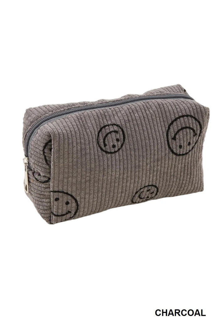 Smiley Face Corduroy Pouch: Charcoal