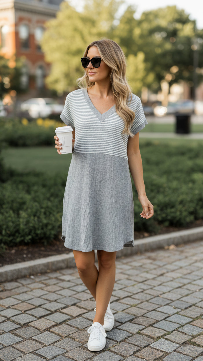 # 33 - Grey Stripe Waffle Dress | M | SAMPLE SALE