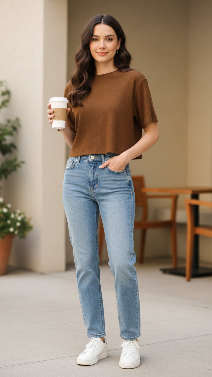 Lexi Waffle Tee: Brown