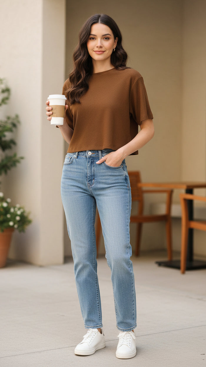 Lexi Waffle Tee: Brown