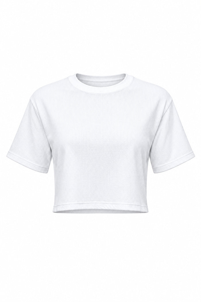 A white short-sleeve ribbed cropped t-shirt