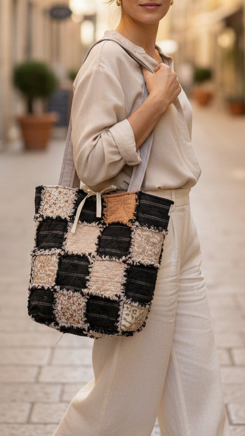 A handmade patchwork tote bag with black and beige fabric squares 
