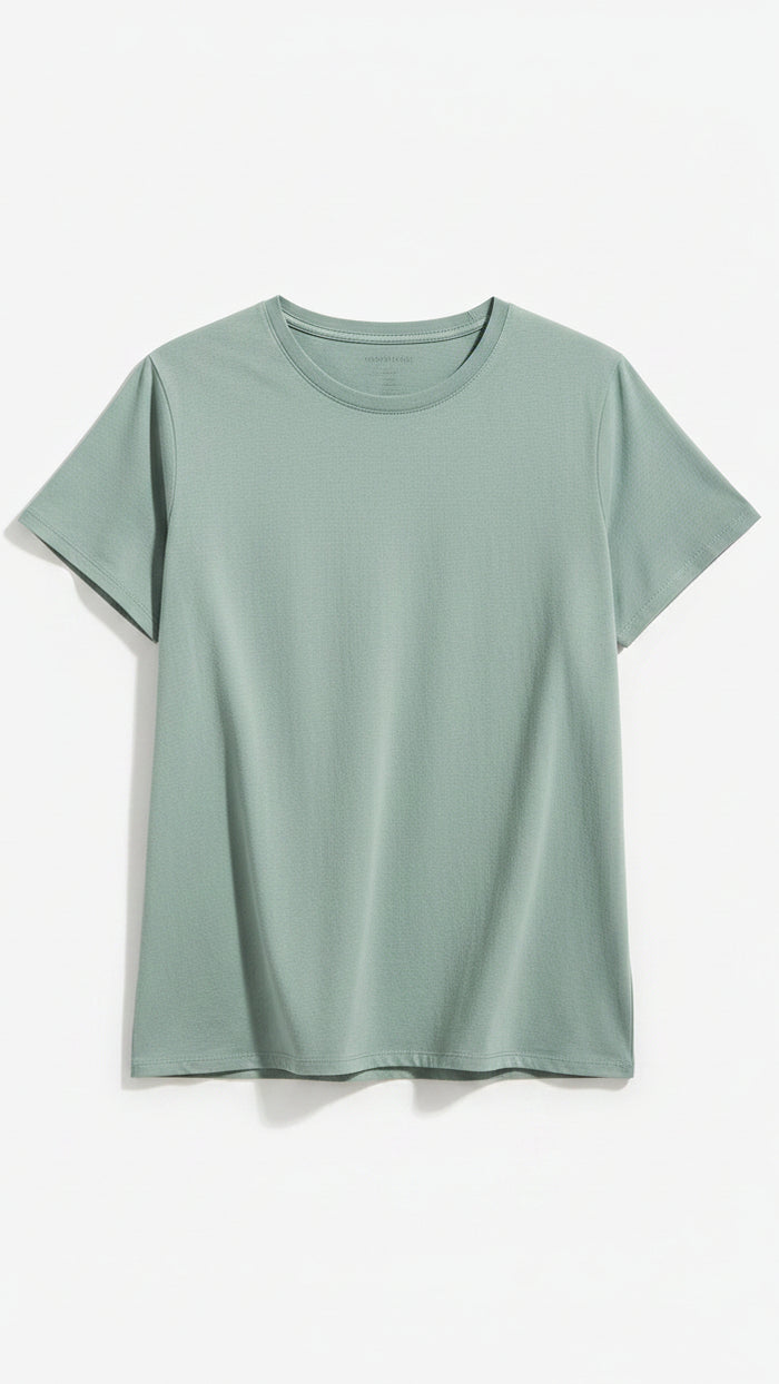 A short-sleeve crewneck t-shirt in a dusty blue-gray color