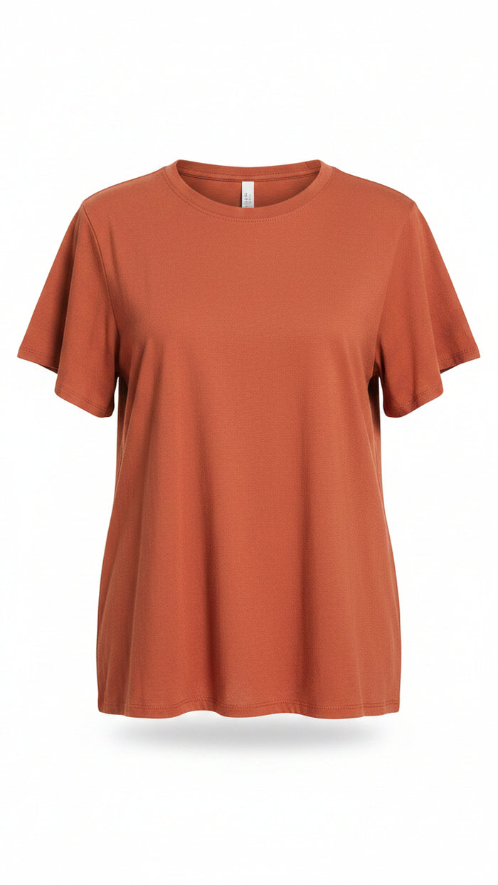 A rust-colored short-sleeve crew neck shirt with a relaxed fit