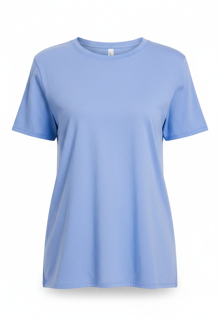 A cornflower blue short sleeve shirt. Loose and with a crew neck