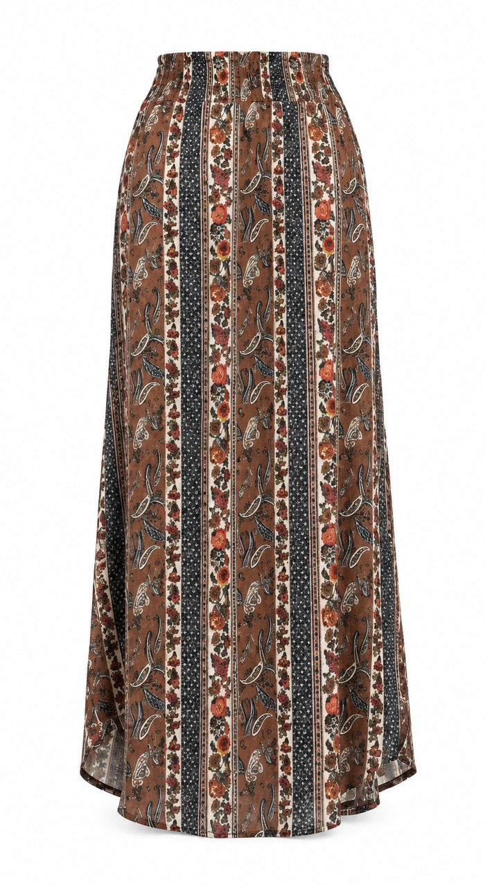 A paisley patterned maxi skirt. Lots of browns, rust and cream colours and a smocked waistband 