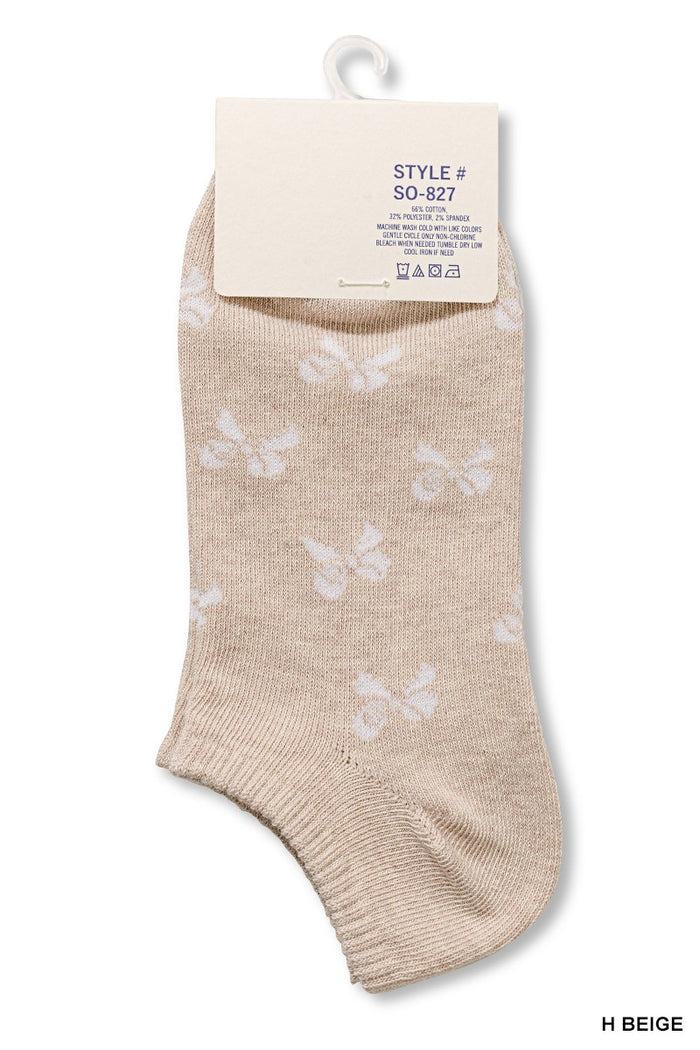 Bow Printed Ankle Socks: Beige
