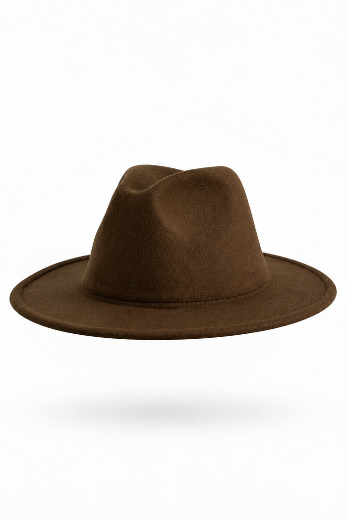 A dark brown felt fedora hat with a pinched crown and wide brim