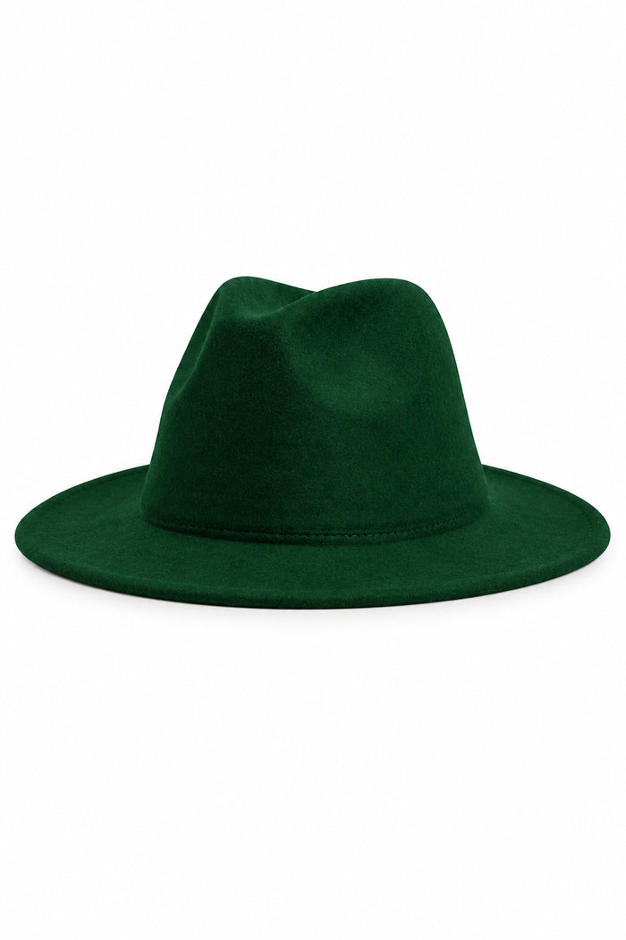 A dark green felt fedora hat with a wide brim