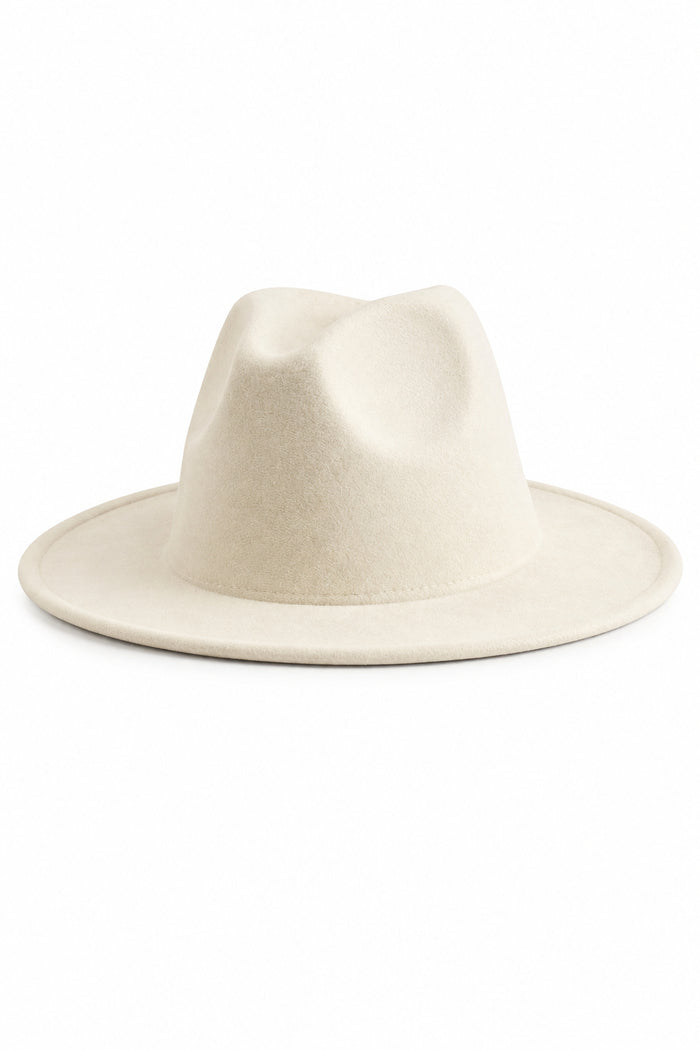 A cream-colored felt fedora hat with a wide brim