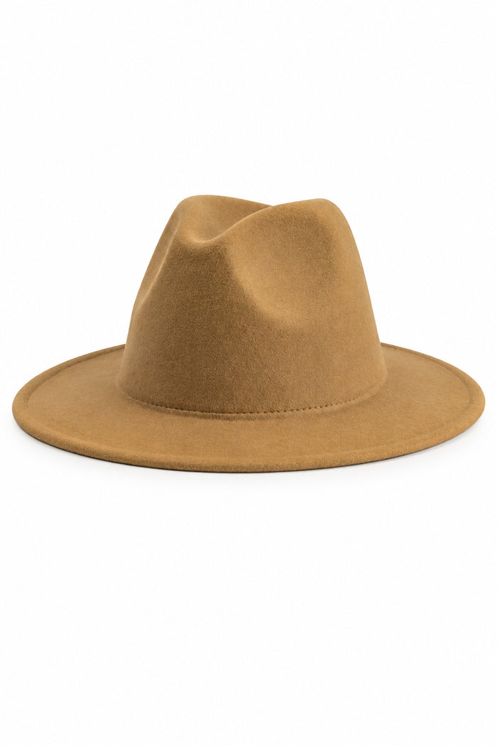 A classic fedora hat in a warm camel brown color