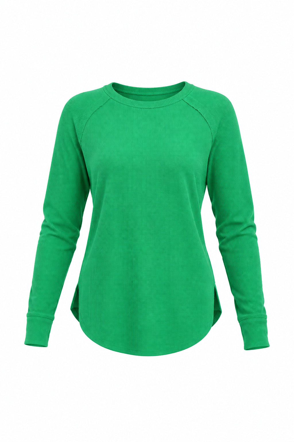 A bright green long-sleeve waffle top with exposed seams