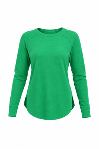 A bright green long-sleeve waffle top with exposed seams
