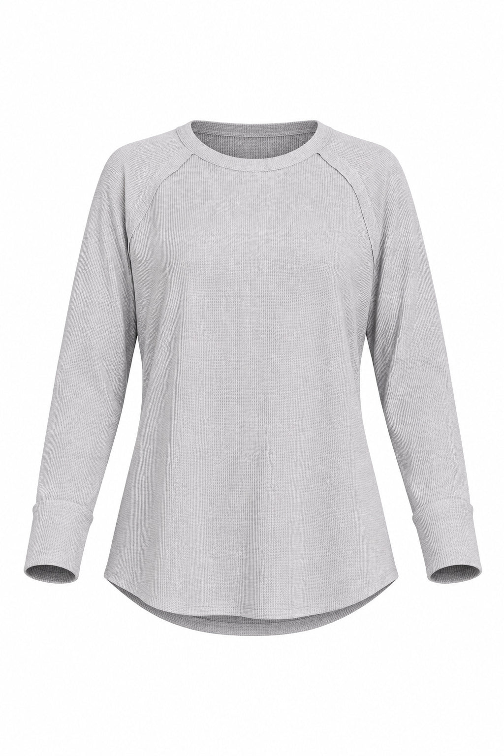 A light gray heather long-sleeve waffle top with exposed seams