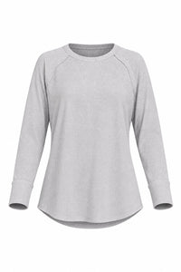 A light gray heather long-sleeve waffle top with exposed seams