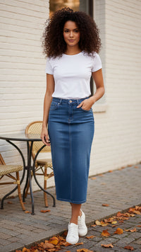 Emery Denim Maxi Skirt | Diamond Button
