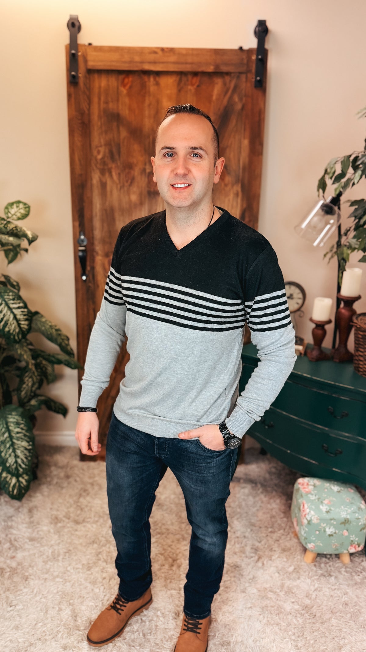 Davis V-Neck Sweater: Grey & Black
